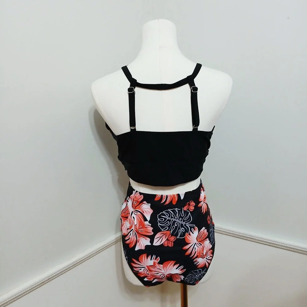 Women Black Tropical‎ Floral High Neck High Waisted Bikini Set Size L